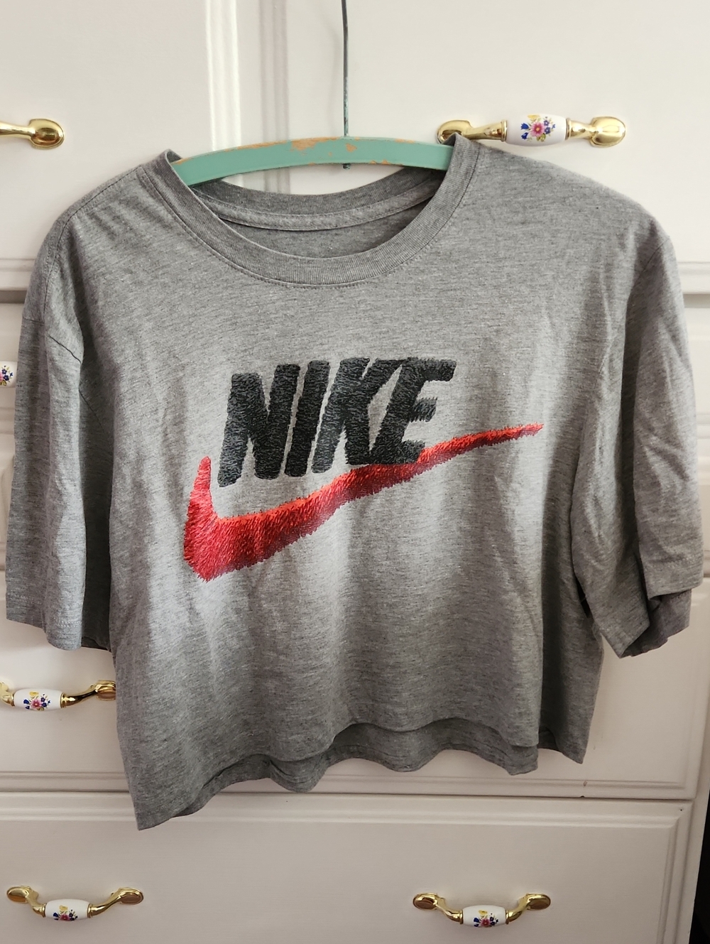 Nike Gray Cropped Tee with Red Swoosh and Black Logo